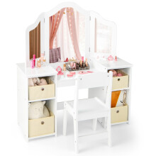 Kids Vanity Table and Chair Set with 3 Removable Mirrors and 4 Storage Bins