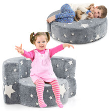Kids Plush Couch Toddlers 2 in 1 Glow in the Dark Sofa Play Mat-Grey