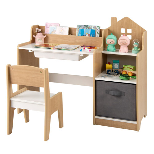 Costway Kids Study Desk and Chair Set Children Study Table with Open Shelves 1
