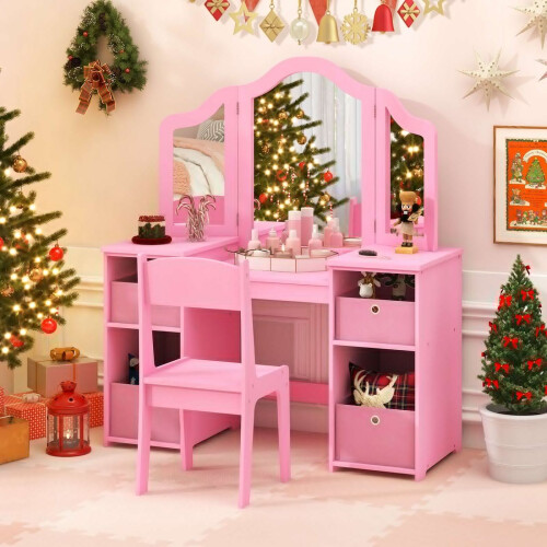Costway Kids Vanity Table and Chair Set with 3 Removable Mirrors and 4 Storage Bins 2