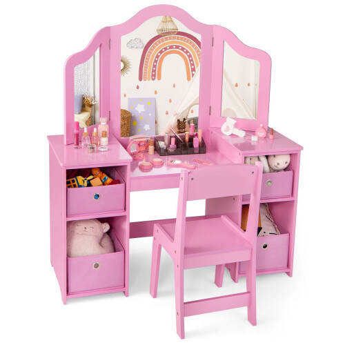 Costway Kids Vanity Table and Chair Set with 3 Removable Mirrors and 4 Storage Bins