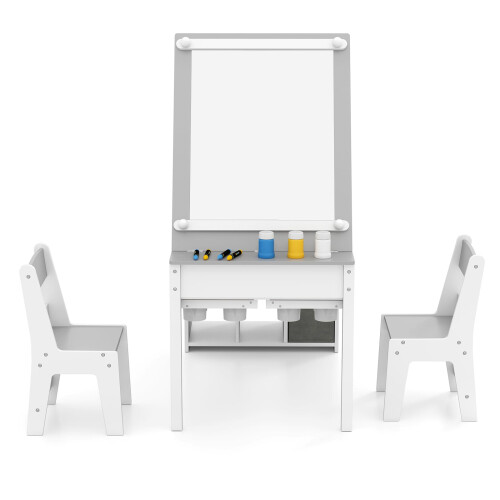 Costway Kids Art Craft Table and Chairs Set with Paper Roll Flip-up Tabletop