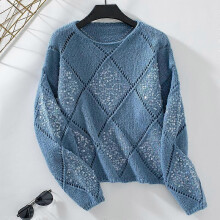 (XL, blue) QICED Fashion Hollowed-out Sequin Knitwear Woman Autumn Winter Diamond Pullover Loose Sweater Woman