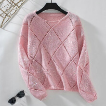 (XL, pink) QICED Fashion Hollowed-out Sequin Knitwear Woman Autumn Winter Diamond Pullover Loose Sweater Woman