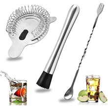 Stainless Steel Cocktail Muddler, Spiral Mixing Spoon & 4-prong Bar Strainer, Home Bar Bartender's Muddling Tool Set