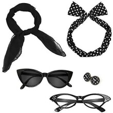 Women Retro 50's Polka Dot Style Scarf Cat Eye Glasses Bandana Tie Headband and Earrings Costume Accessories for Ladies Kids