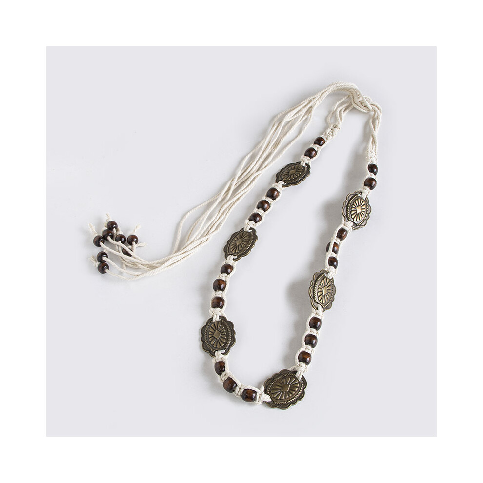 (Beige, 175cm) Bohemian Style Belt, Handwoven Cotton Cord Waist Belt with Wooden Beads-image-OPC-PHXHMWZ-NEW