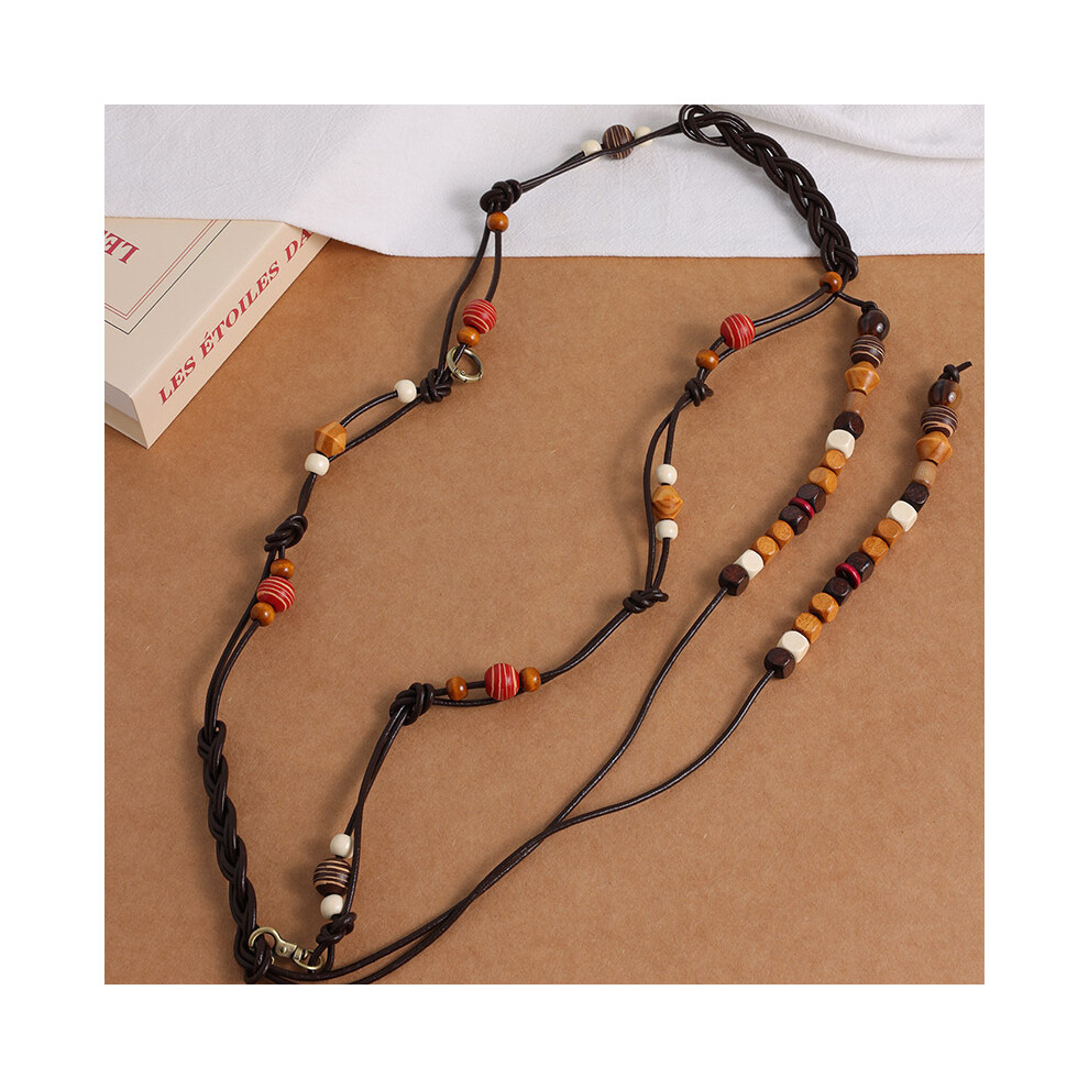 (Genuine Leather Multicolored Beads Belt - Coffee) Bohemian Multicolored Wooden Beads Leather Woven Texture Handmade Women's Belt