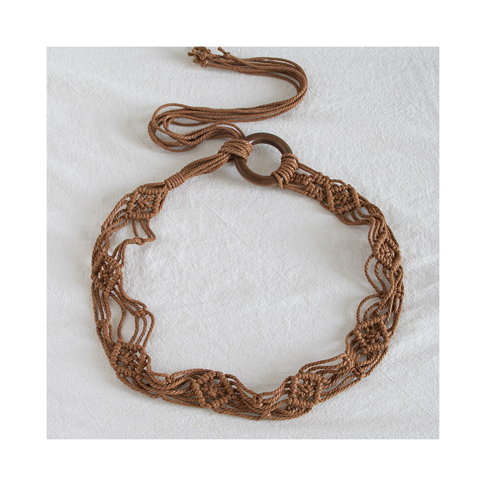 (Round Buckle Waist Cord C Style Brown, 125cm) Bohemian Style Wax Rope Woven Knotting Handmade Wooden Beads Women's Belt
