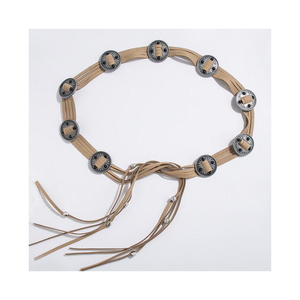 (Khaki, 150cm) Western Style Belt Round Bohemian Suede Women's Waist Rope