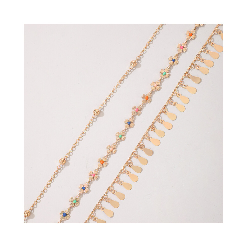Mother's Day Gift Water Drop Tassel Round Bead Multi-Layer Anklet Geometric Flower Drop Oil Three-Layer Anklet Set