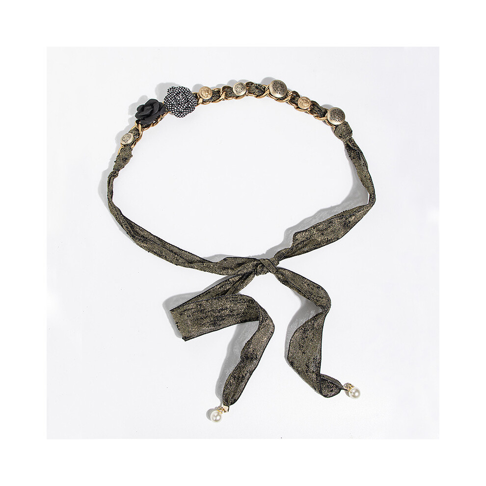 (Golden) Women's Vintage Rose Belt with Golden Silk Scarf Chain and Pearl Decoration