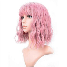 Soft Wavy Wig with Air Bangs Women's Short Bob Purple Pink Curly Wig (12 Inch), Purple Pink