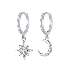 (eh375 silver) 925 Sterling Silver Cubic Zirconia Square Planet Charm Stud Earrings for Women - Stylish Drop Design in Elegant Pendientes