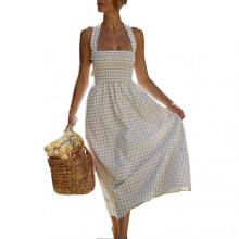 (style646) Women Shirred Dress A Line Backless Gingham Bow Cross Stylish Shirred Dress for Dating