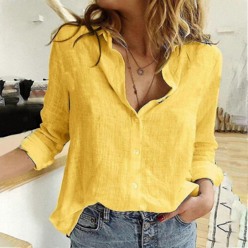 (M, Yellow) Casual Solid Color Button Lapel Blouses for Women Summer Linen Tops 2