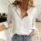 (2XL, White) Casual Solid Color Button Lapel Blouses for Women Summer Linen Tops 2