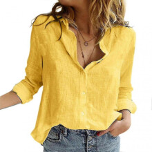 (M, Yellow) Casual Solid Color Button Lapel Blouses for Women Summer Linen Tops