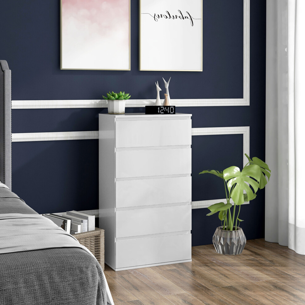 HOMCOM Bedroom Chest of Drawers, High Gloss 5 Drawers Dresser, White
