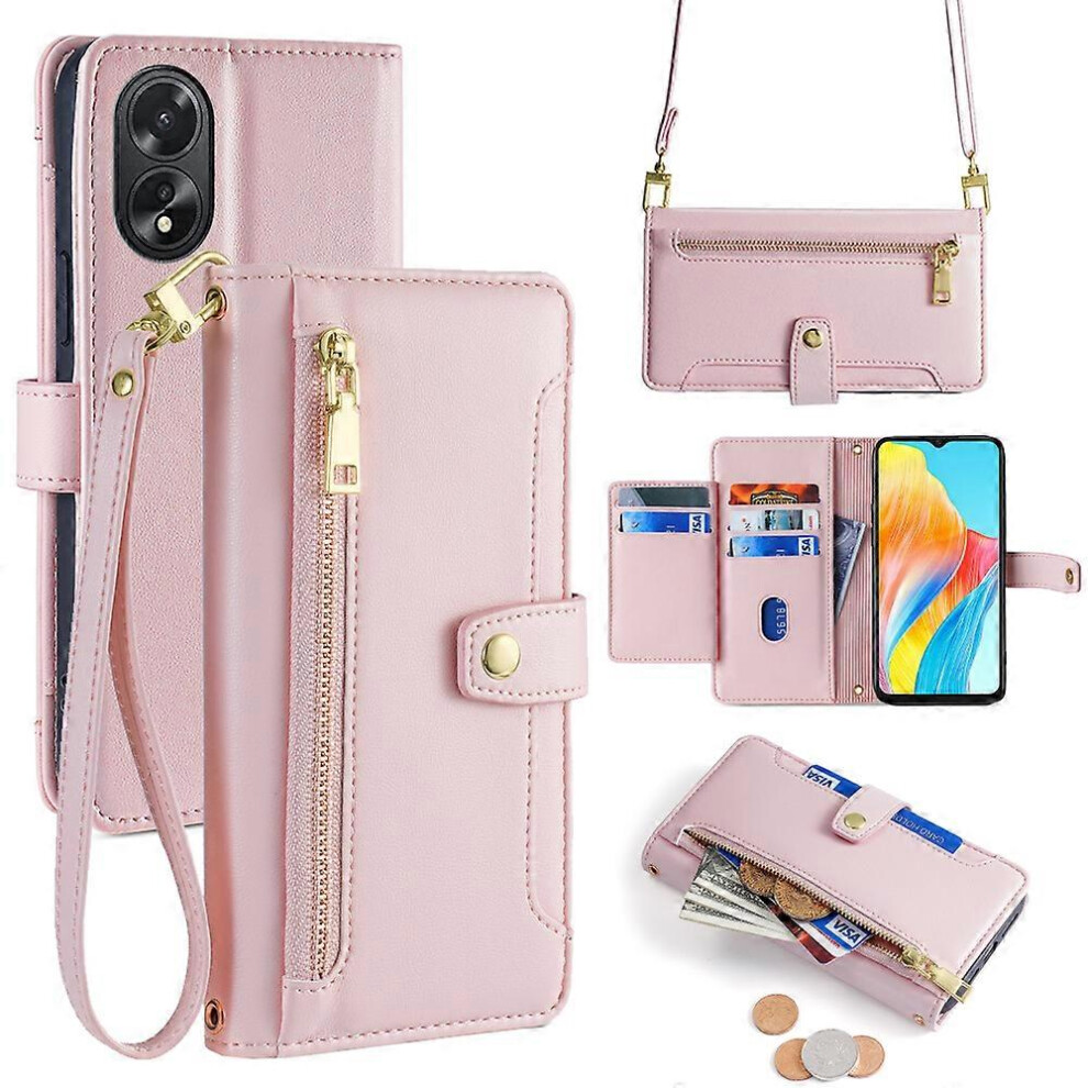 For Oppo A38 4G/ A18 4G Case Card Slots Leather Wallet Phone Cover With 2 Straps Pink 9194158945007