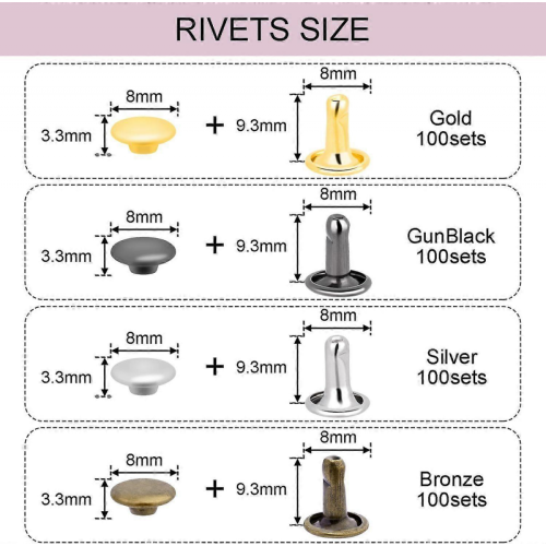 400Sets Assorted 8mm Double Cap Rivet, Leather Rivets Kit Tubular Metal Studs for Fabric B 1