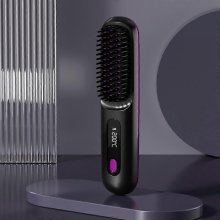 (Black)Electric LCD Usb Ceramic Heating Straight Hair Comb Wireless Portable Negative Ion Styling Tool Rechargeable Straightening Brush