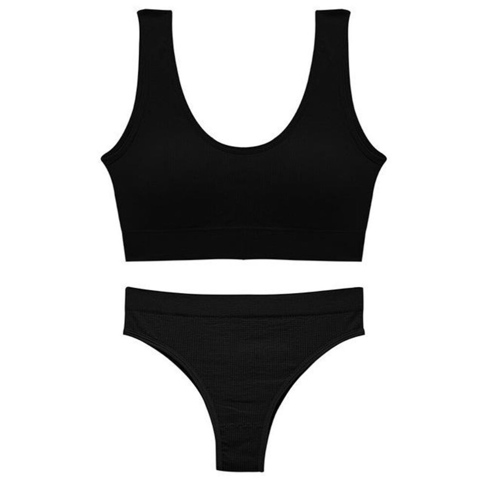 (black, L) Cinoon Sexy Seamless Underwear Set G-string Panties And Backless Lingerie Bra Suit
