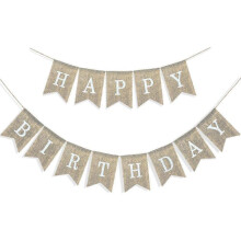 Happy Birthday Banner for Birthday Party Decorations, Rustic Burlap Bunting Chevron, 2 In 1, Linen White