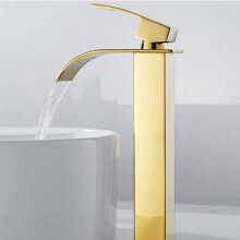 Waterfall washbasin tap with high spout, modern square chrome-plated single-hole mixer tap for cold and hot water (gold)