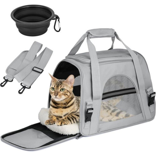 Breathable, foldable cat basket with adjustable shoulder strap (grey)