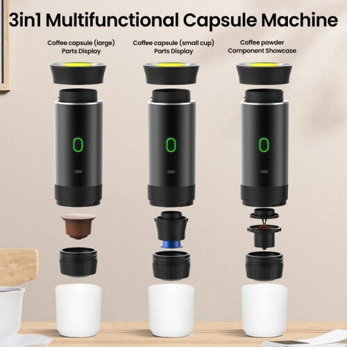 Portable coffee machine, 3 in 1, 12 V, self-heating, small capsules, large capsules, powder capsules, 1