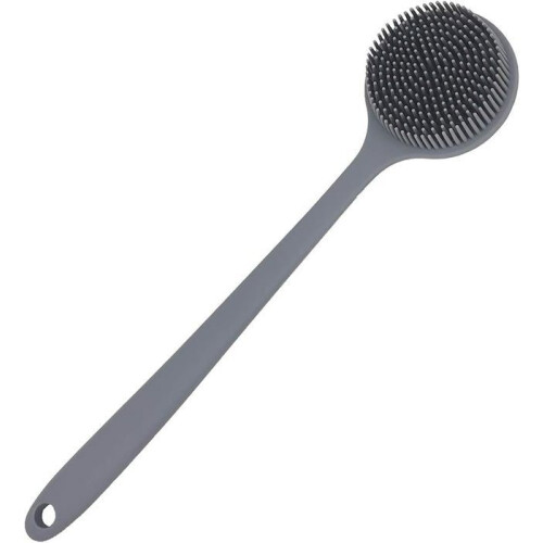 Silicone back brush for shower, bath, body, long handle (gray)