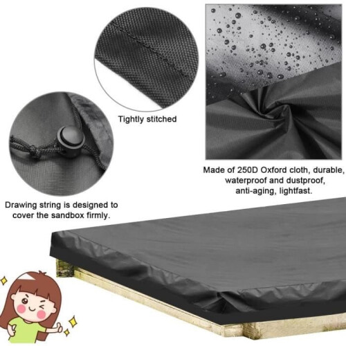 Waterproof sandbox cover, black Oxford fabric with drawstring, 120 x 120 cm 2