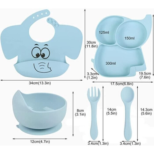 Baby Suction Cup, 5-Pack Non-Slip Silicone Plates with Compartments and Bibs, Blue 1
