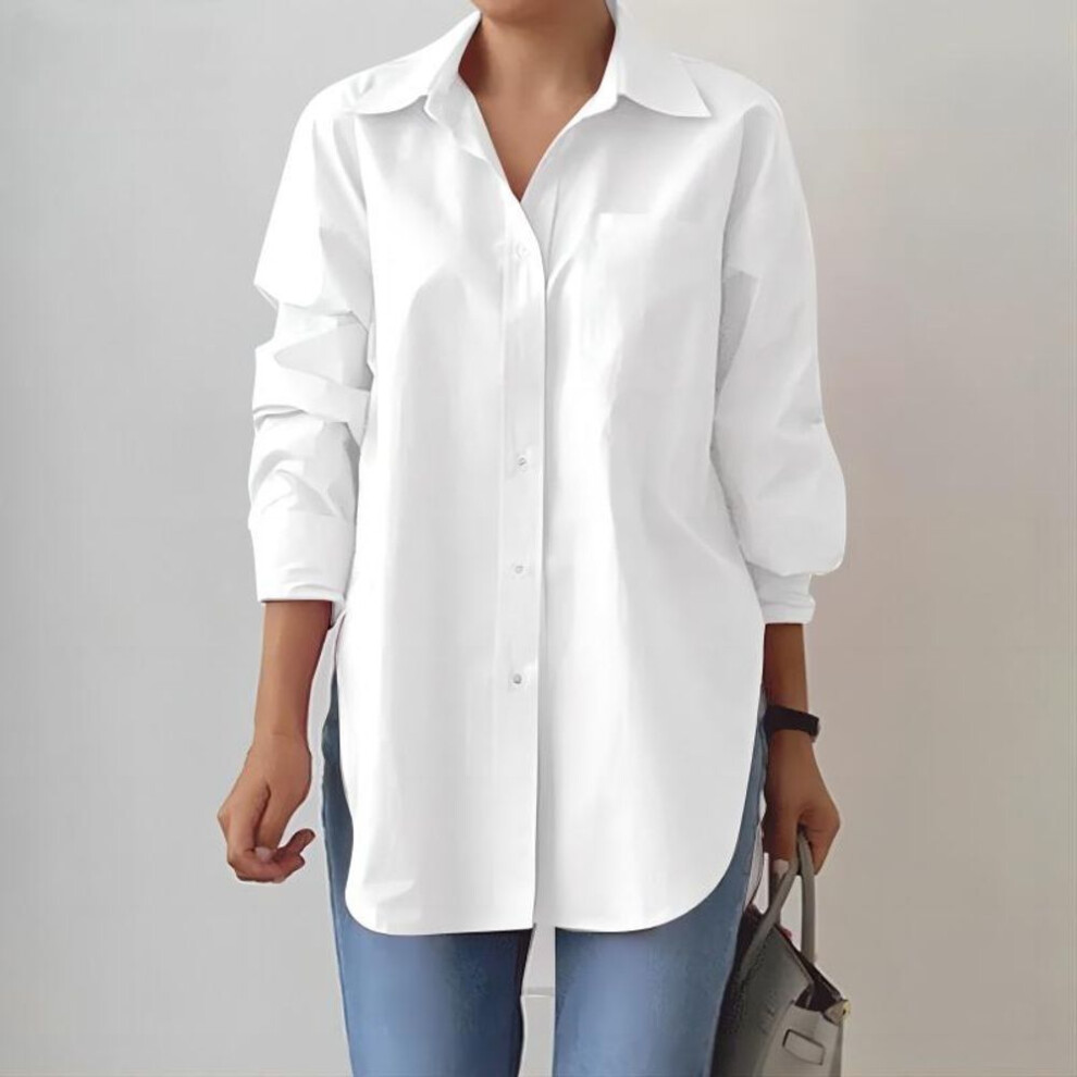 (S, white) Fashion Elegant Turn Down Collar Long Sleeve Loose Shirts For Women Spring Autumn Solid Slit Office Ladies Blouses Casual Plus Size Shirt Tops 26024