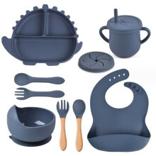 Baby suction cup plate, 8-piece silicone tableware set with suction cup, spoon and fork, cup and bib