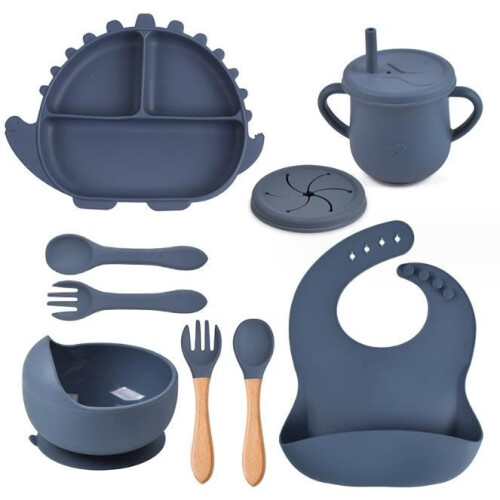 Baby suction cup plate, 8-piece silicone tableware set with suction cup, spoon and fork, cup and bib