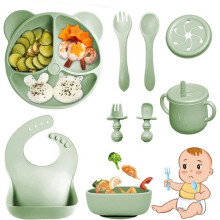 9-piece baby meal set, non-slip silicone baby tableware with suction cup, plate, bowl, fork, spoon, children's plate, green