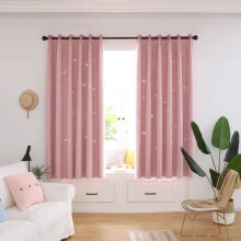 Sheer tulle voile curtain, openwork star pattern, room decoration (pink)