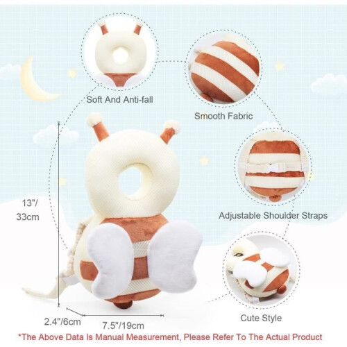 Baby head protection pillow, soft, breathable and adjustable, for 4-24 months, bee pattern 1