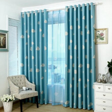 Qianle Blackout curtain with rings, cloud pattern, home decoration, 1 piece, 100 x 250 cm, blue