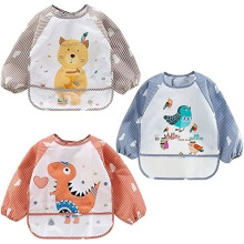 3-pack baby bibs, waterproof apron with long sleeves for children, orange, gray, brown