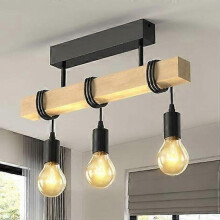 Lustre Suspension Luminaire, Industriel Vintage Lustre Plafonnier Lampe de Plafond Bois Mtal 3 Lampes Cble Rglable pour Salon Restaurant Chambre Cuisi