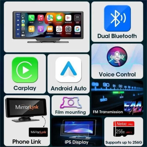 10.26 inch 4K wireless CarPlay and Android Auto Dashcam with rearview camera, GPS, AUX, voice control 1