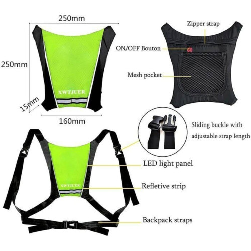 Green reflective LED cycling vest for unisex, rechargeable via USB 1