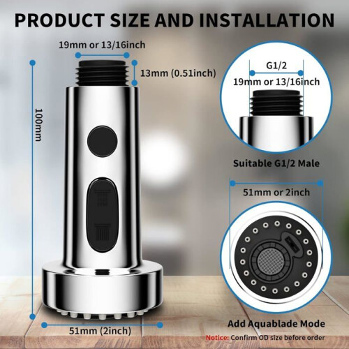 Replacement 3-Speed Kitchen Faucet Head, Pull-Out Spray Head for Universal G1/2 Kitchen Mixer Tap, 360 Rotatable Faucet 1