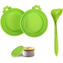 2-pack lids for cans of food with spoon, 3-in-1 universal silicone lid for cans of food for cats