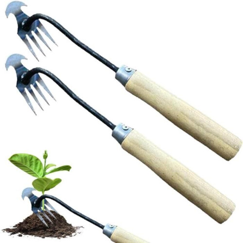 Manual weeder – stainless steel – 4 teeth – wooden handle