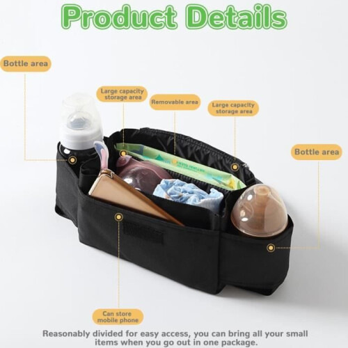 Universal stroller storage bag with insulated cup holders and shoulder strap. 2