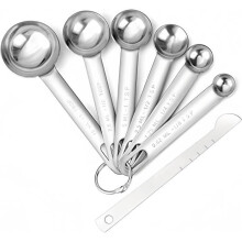 Set of 7 stainless steel measuring spoons with graduations for liquids and solids, including 6 measuring cups and 1 measuring ruler.